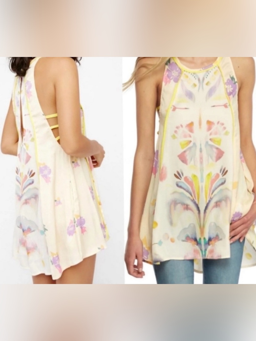 Free People Cream Watercolor Halter Mini Dress with Yellow Trim - Picture 4 of 5